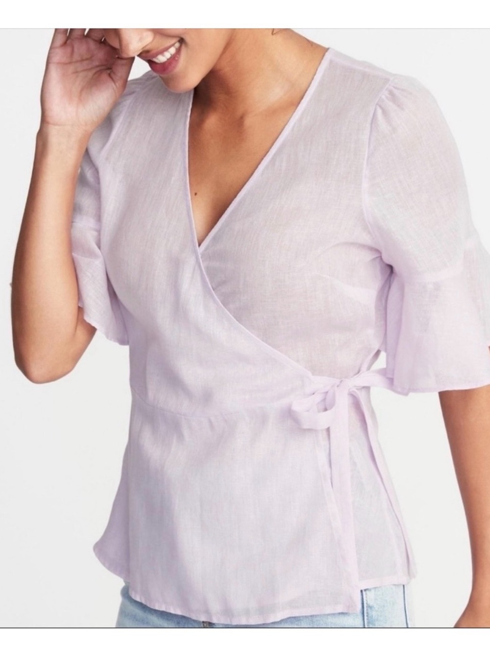 Old Navy Pastel Purple Linen Blend True Wrap Flutter Sleeve Blouse Top Small